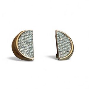 Vintage Joan Collins Gold Tone Rhinestone‎ Half Moon Clip On Earrings Art Deco
